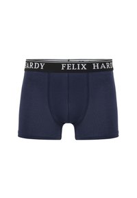 Boxers bleus marine avec une ceinture élastique noire portant "FELIX HARDY" en lettres blanches. Tissu doux et extensible avec une texture lisse.