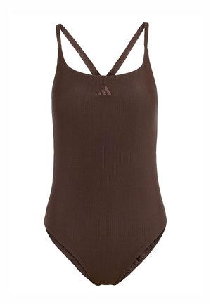 Hnědý žebrovaný jednodílný plavky s tenkými křížovými ramínky a malým logem. Hladká textura, přiléhavý střih a středně vysoký výstřih na nohách.