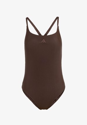 Brown ribbed one-piece swimsuit featuring thin crisscross straps and a small logo accent. Smooth texture, fitted shape, and medium-cut legs.