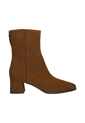 Brown suede ankle boot with block heel and side zipper, sleek design and pointed toe suitable for casual or formal wear.