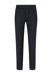 Dunkelblaue maßgeschneiderte Hosen mit subtilen Karomuster. Aus gewebtem Stoff gefertigt, mit flachem Bund, seitlichen Taschen und schmaler Passform.