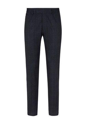 Dunkelblaue maßgeschneiderte Hosen mit subtilen Karomuster. Aus gewebtem Stoff gefertigt, mit flachem Bund, seitlichen Taschen und schmaler Passform.