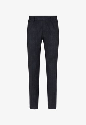 Dunkelblaue maßgeschneiderte Hosen mit subtilen Karomuster. Aus gewebtem Stoff gefertigt, mit flachem Bund, seitlichen Taschen und schmaler Passform.