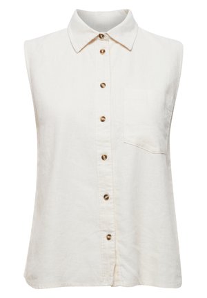 Ærmeløs beige skjorte lavet af hør, med krave, knapper foran i metal og en enkelt brystlomme.