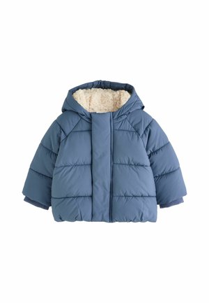 Blauwe gewatteerde kinderwinterjas met capuchon en zachte beige fleece voering, lange mouwen en een ritssluiting aan de voorkant.