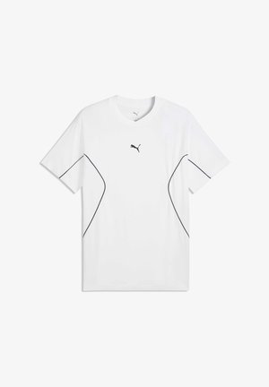 T-shirt blanc à manches courtes, col en V, avec des lignes d'accent noires et un petit logo noir sur la poitrine. Fabriqué en tissu léger.