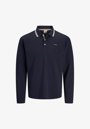 Marineblauwe lange mouwen polo-shirt met een beige en witte gestreepte kraag, drie knopen en een klein logo op de linkerborst.