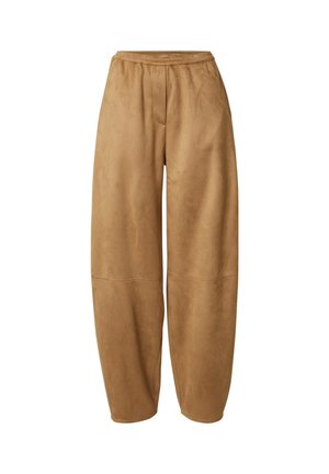 Bruine faux suede wide-leg broeken met een hoge elastische tailleband, voorzien van een zachte textuur en strakke lijnen zonder zichtbare accessoires.
