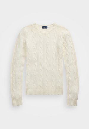 Pull col rond en maille torsadée couleur crème avec manches longues, poignets et ourlet côtelés, étiquette Polo Ralph Lauren à l'intérieur du col.