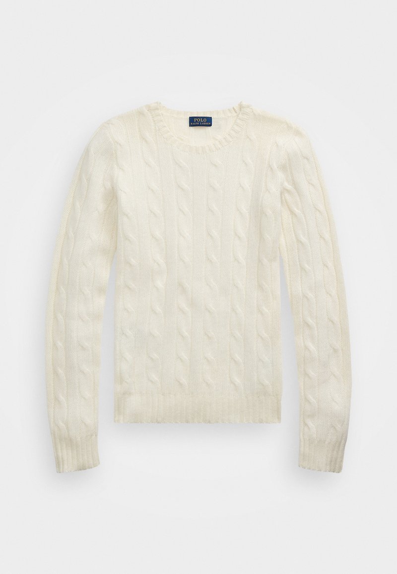 Pull col rond en maille torsadée couleur crème avec manches longues, poignets et ourlet côtelés, étiquette Polo Ralph Lauren à l'intérieur du col.
