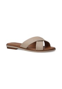 Beige læder slidesandal med krydsrem-design, glat overflade og flad sål med en lys brun tekstureret indersål.