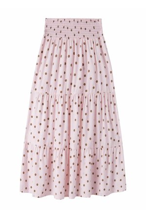 Hele roosa kihiline seelik pruunide täppidega ja lai soonikkoes vöökoht, põlvpikk, õhuline kangas.