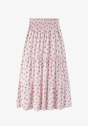 Jasnoróżowa warstwowa spódnica w brązowe kropki z szerokim marszczonym pasem, długość do kolan, zwiewny materiał.