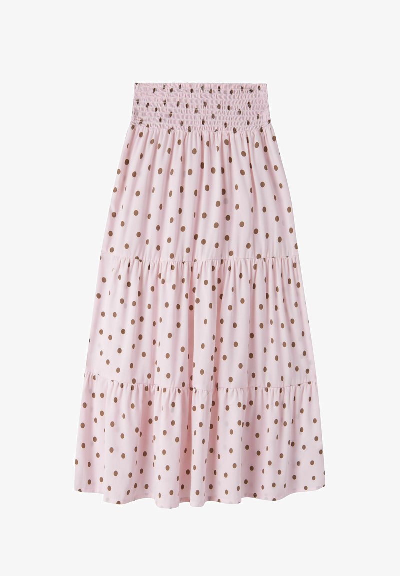 Fustă stratificată roz deschis cu buline maro și talie largă elastică, lungime până la genunchi, material fluid.