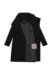 Manteau noir avec un large col, doublure intérieure lisse et poches latérales. Inclut une étiquette de soin avec des icônes. Design simple et moderne.