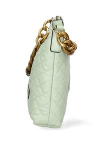 Borsa a tracolla in pelle verde menta trapuntata con catena dorata, dotata di una cerniera laterale e una base piatta per stabilità.