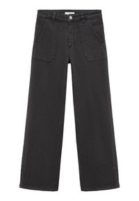 Jeans neri a gamba larga realizzati in denim. Dotati di tasche frontali e chiusura con bottone. Il tessuto ha una consistenza liscia con cuciture ordinate.