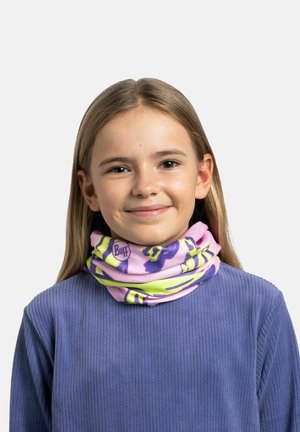Multicolored Buff neck gaiter in pink with green and purple patterns. Soft, stretchy fabric wrapped around the neck. Logo visible on the edge.