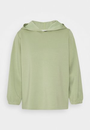 Sweat à capuche vert clair avec manches longues et poignets élastiques, présenté sur un fond blanc uni. Aucun logo ou motif visible.
