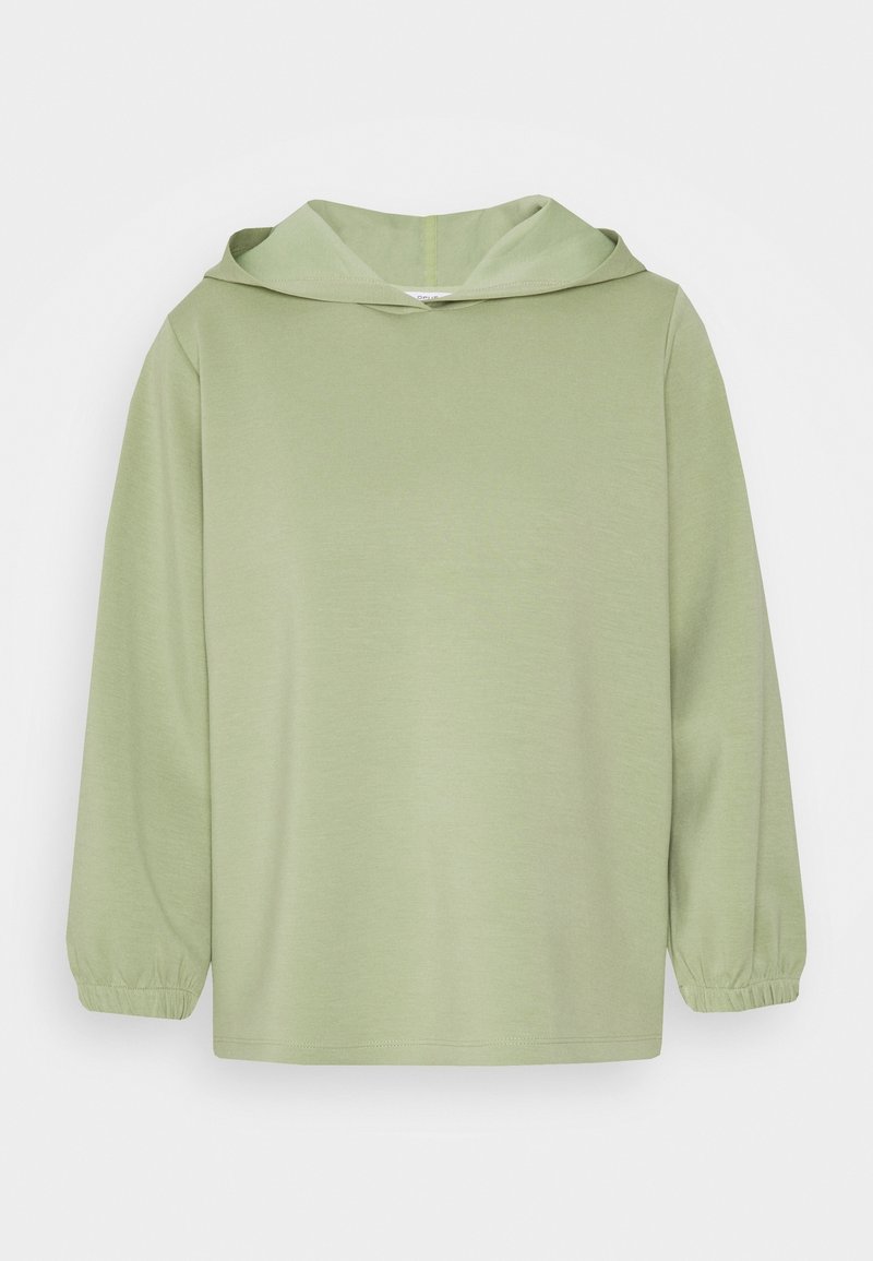 Sweat à capuche vert clair avec manches longues et poignets élastiques, présenté sur un fond blanc uni. Aucun logo ou motif visible.