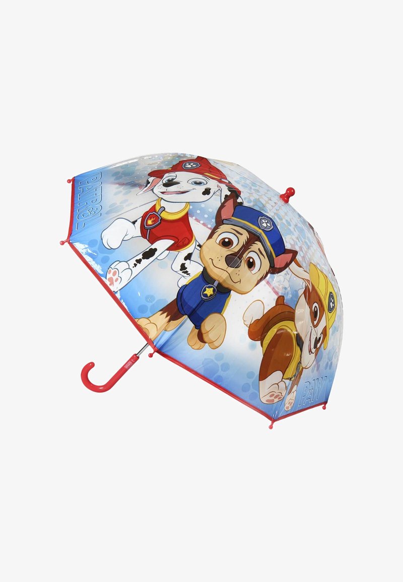 Kinderparaplu met kleurrijke cartoonhondjes. Blauwe scherm met rode accenten, gebogen handvat en waterdicht materiaal. Duurzaam ontwerp.