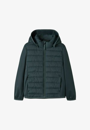 Veste à capuche vert foncé avec devant matelassé, fermeture éclair complète et manches lisses, conçue pour la chaleur et les activités en plein air.