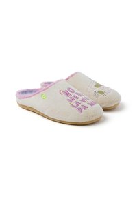 Chaussons beige flous avec des bordures roses. Présente un texte imprimé et un design de cartoon. Texture douce avec une semelle plate, de couleur marron clair.