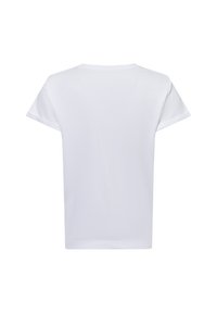 Ein einfaches weißes Kurzarm-T-Shirt mit Rundhalsausschnitt von hinten auf einem weißen Hintergrund gezeigt.