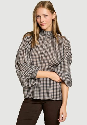 LolaLiza, CHECKED BLOUSE WITH SMOCKED NECK CHECKED BLOUSE WITH SMOCKED NECK - Blouse - taupe