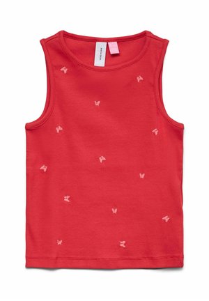 Red sleeveless ribbed tank top with small light pink butterfly embroidery scattered across the front and a round neckline.