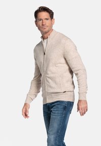 Beige gebreide trui met rits aan de voorkant, geribde manchetten en onderrand. De stof heeft een zachte textuur en een subtiel patroon, gecombineerd met blauwe jeans.