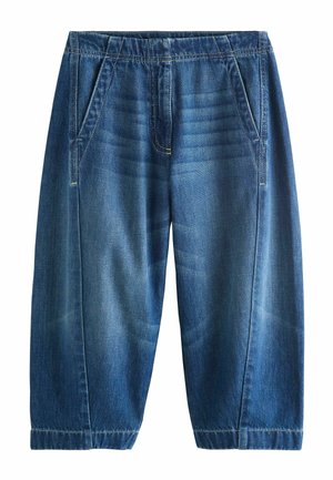 Džinso tipo kuločiai mėlynos spalvos, laisvo kirpimo, su elastine juosmens juosta ir dviem priekinių kišenių. Audinys pasižymi lygiu paviršiumi.