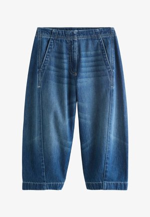 Kék mosott színű farmer culottes, laza szabású, rugalmas derékrésszel és két első zsebbel. Az anyag sima textúrájú.