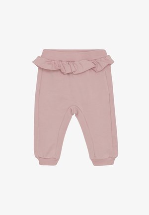 Light pink cotton blend pants with a ruffled waistband, tapered cuffs, and a smooth texture. Features a simple, casual design.