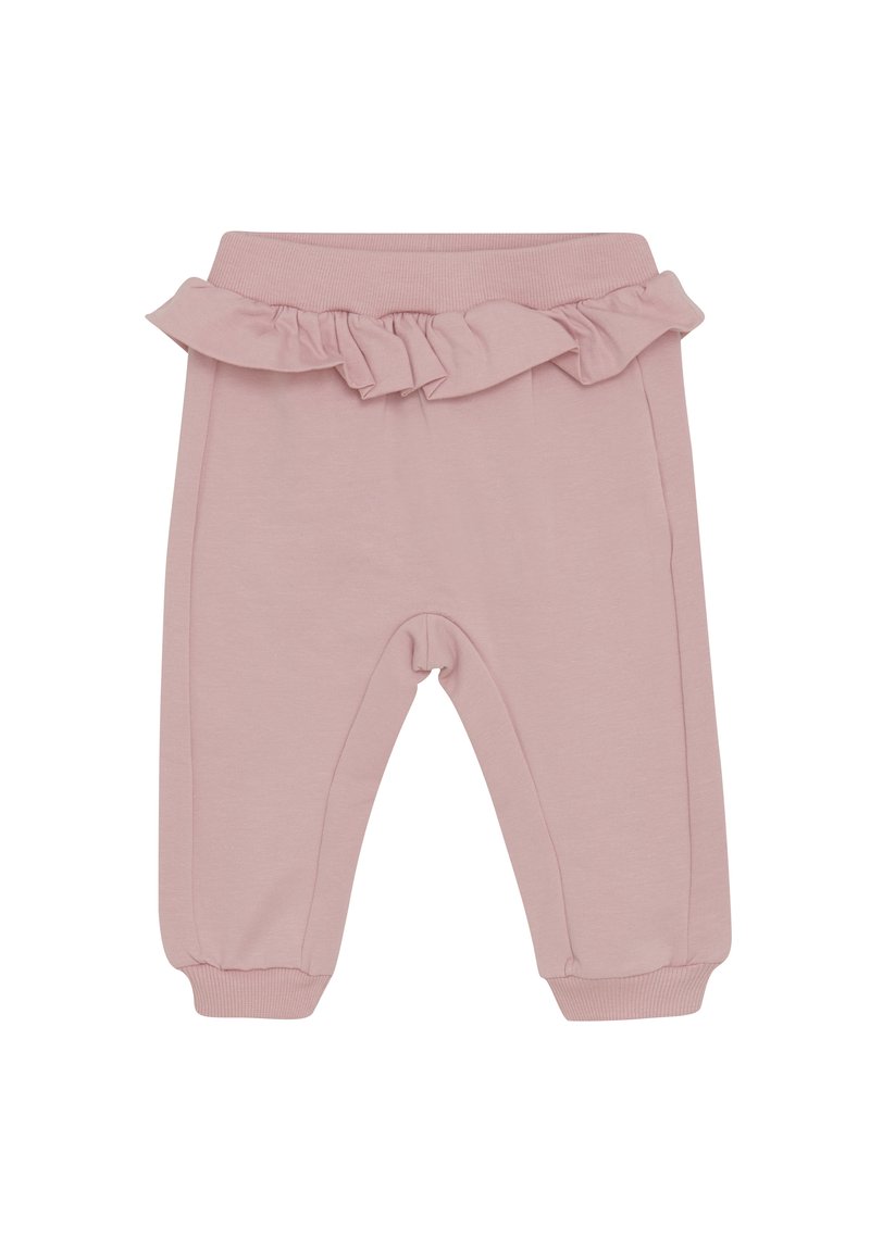 Lichtroze katoenmix broek met een rimpel tailleband, taps toelopende mouwen en een gladde textuur. Kenmerkt zich door een eenvoudig, casual ontwerp.