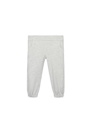 Pantaloni della tuta grigio chiaro per bambini piccoli con vita elastica, tasche laterali e polsini elastici alle caviglie su sfondo bianco.