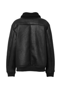 Giacca nera in ecopelle con colletto in shearling nero, maniche lunghe, polsini a coste e pannello posteriore imbottito.