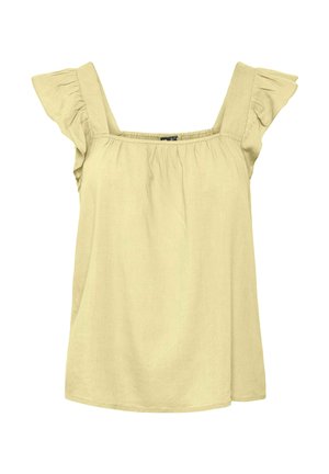 Bluza fără mâneci de culoare galben deschis, cu decolteu pătrat și bretele cu volane, croială lejeră și detaliu de material adunat.