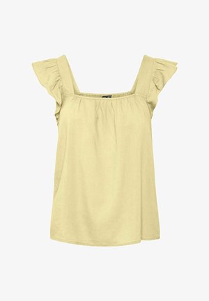 Blouse sans manches jaune clair avec encolure carrée et bretelles à volants, coupe ample et détail de tissu froncé.
