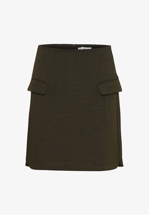 Spódnica w oliwkowym zielonym kolorze w wzór w jodełkę, o dopasowanym kroju. Posiada dwie przednie kieszenie oraz ukryty zamek z tyłu.