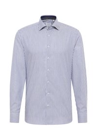 Camicia a righe blu e bianca. Maniche lunghe, colletto classico, chiusura frontale con bottoni e colletto interno a motivo contrastante. Materiale in cotone.