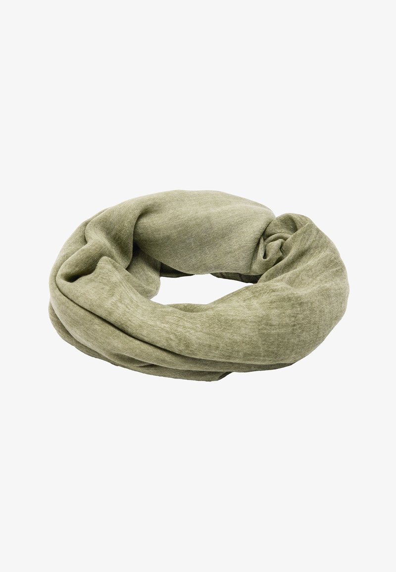 Jasnozielony szal w kształcie nieskończoności, wykonany z miękkiego, teksturowanego materiału, z ciągłym formatem bez wyraźnych wzorów ani elementów metalowych.