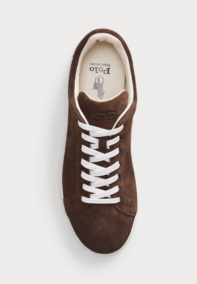 Brown suede sneaker with white laces and a white inner sole featuring the Polo Ralph Lauren logo and horse emblem.