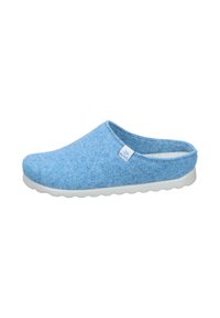 Blue felt clogs with a textured upper, white rubber sole, and open back design. Features a small brand label on the side.
