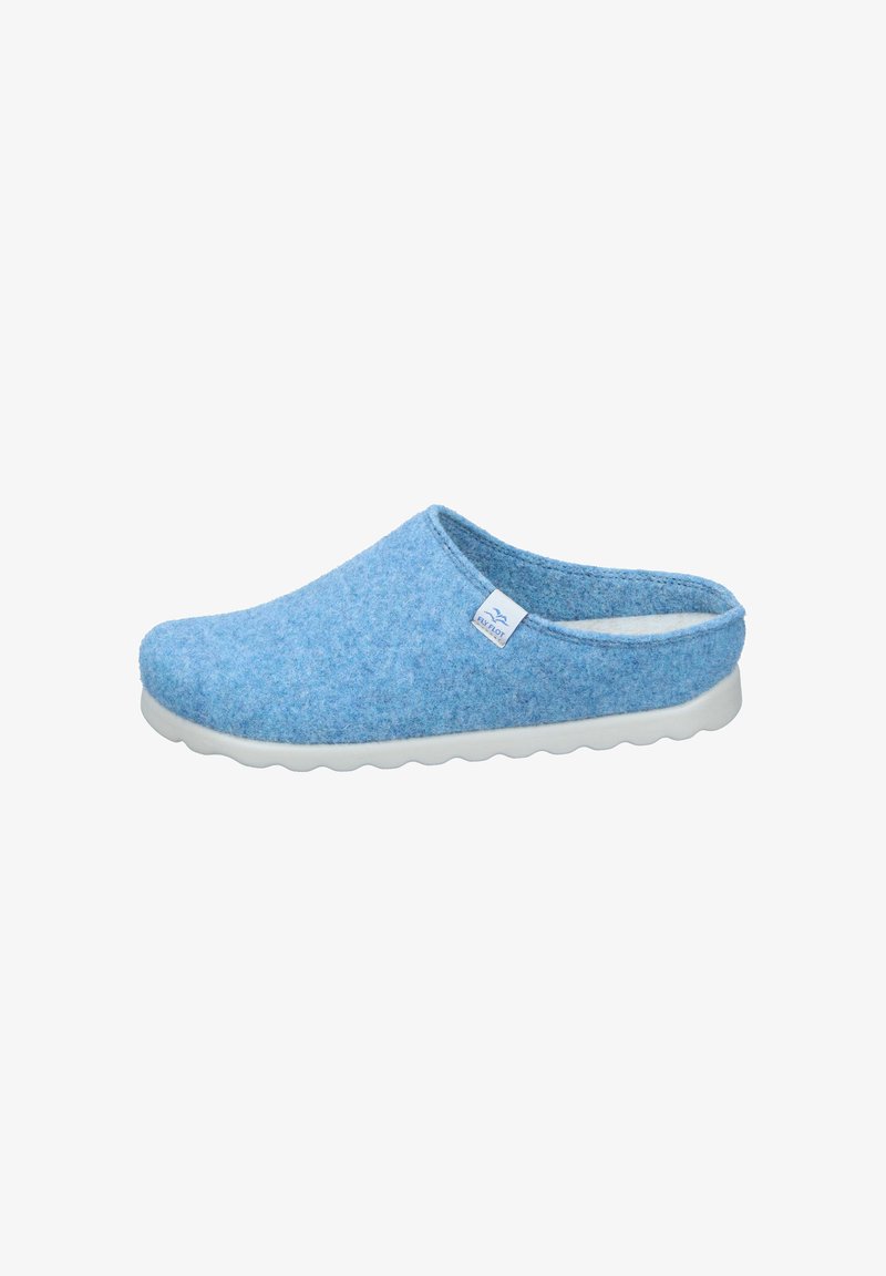 Blue felt clogs with a textured upper, white rubber sole, and open back design. Features a small brand label on the side.