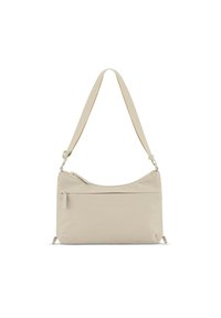 Borsa a tracolla beige realizzata in morbido tessuto, con parte superiore arrotondata, tracolla staccabile e tasca frontale con zip per un deposito sicuro.
