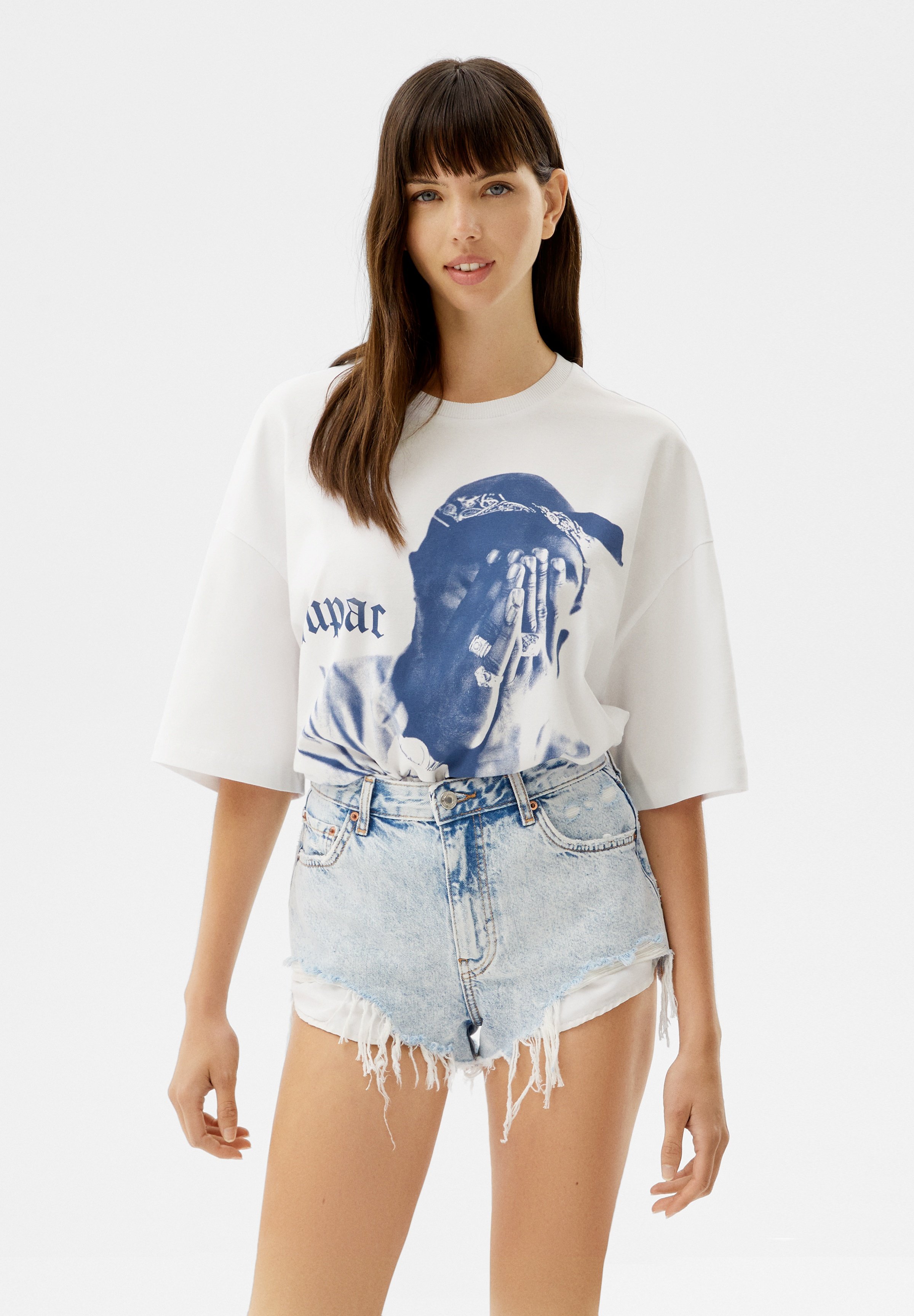Bershka EXTRALOOSE TUPAC - T-shirt basic - white/blue/wit - Zalando.nl