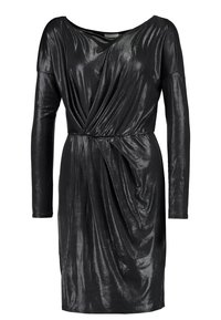 Schwarzes, langärmeliges Kleid mit einem drapierten Design und glänzendem, strukturiertem Stoff. Verfügt über eine geraffte Taille für eine schmeichelhafte Form und einen eleganten Ausschnitt.