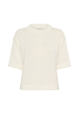 Pull en maille de couleur crème à manches courtes avec un col rond et une coupe légèrement ample.