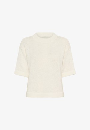 Pull en maille de couleur crème à manches courtes avec un col rond et une coupe légèrement ample.